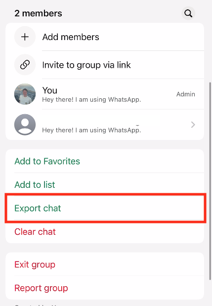 Screenshot of WhatsApp Export Chat button